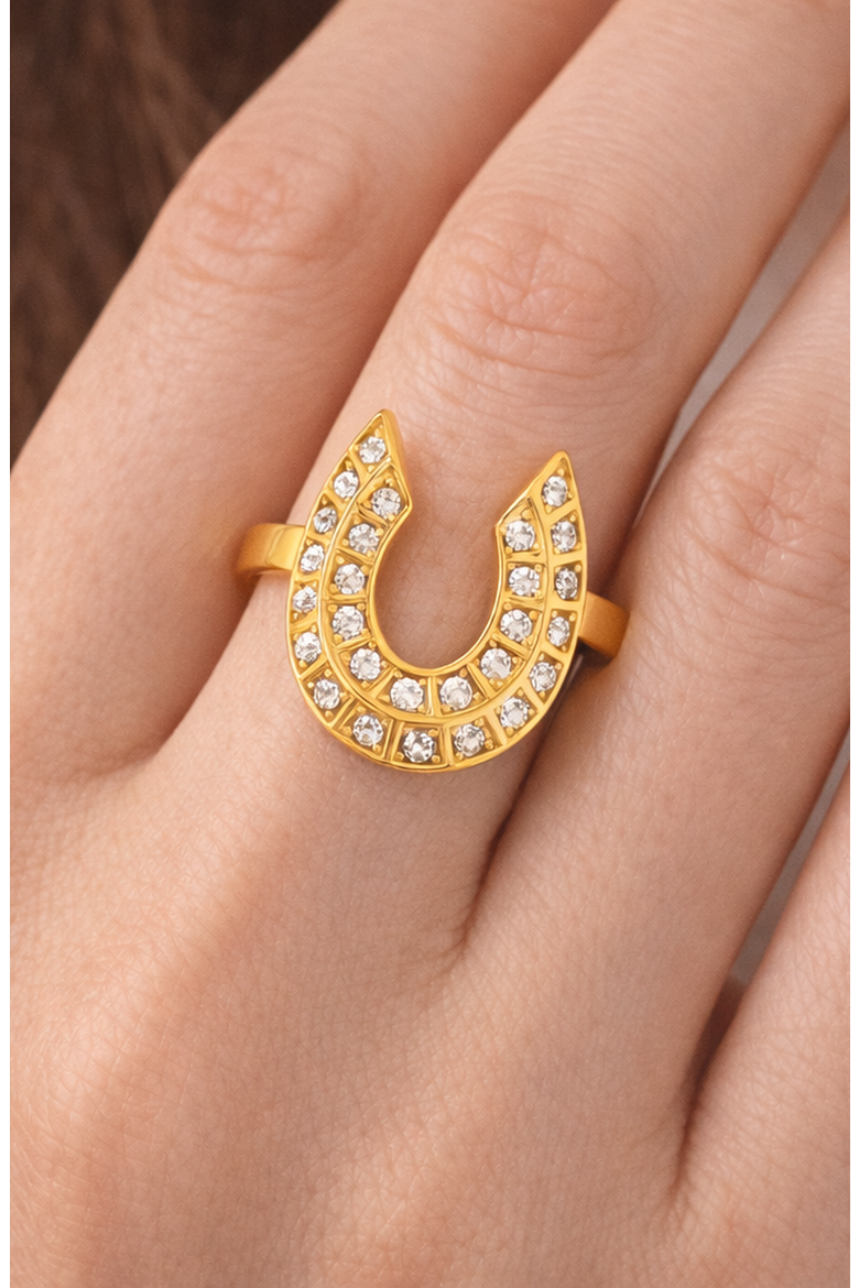 Stainless Steel Horseshoe Pavé Cubic Zirconia Statement Ring, Alternate, color, Gold-Tone