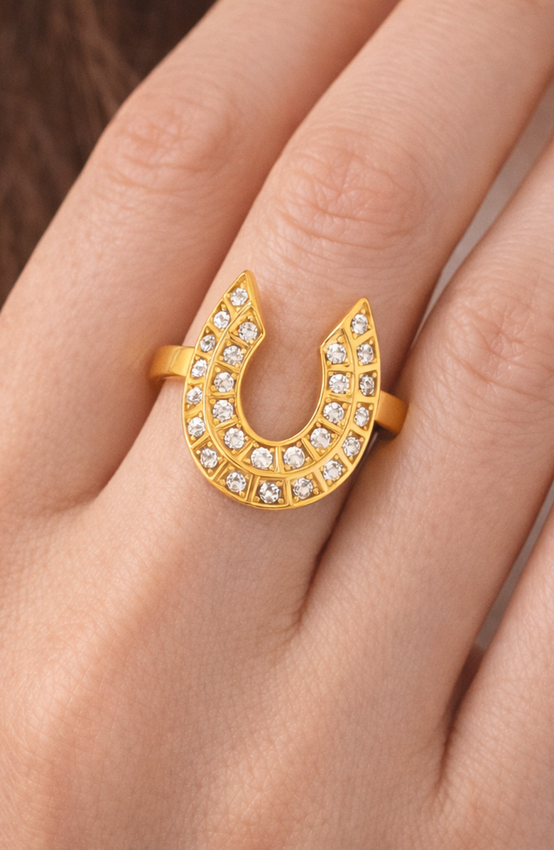 Kellery Stainless Steel Horseshoe Pavé Cubic Zirconia Statement Ring, Alternate, color, Gold-Tone