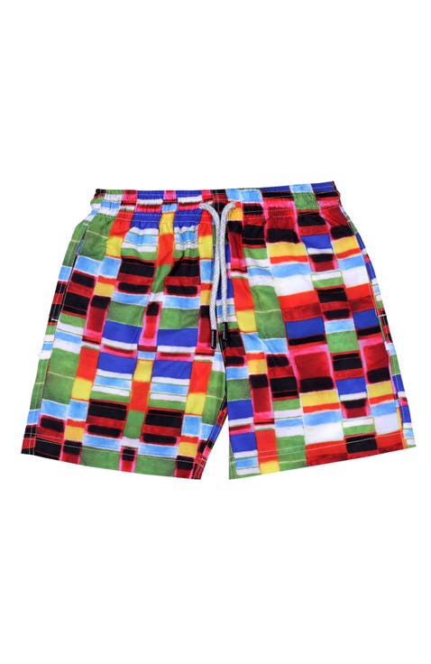 Kids' Colorful Checker Pattern Quick-Dry Swim Trunks