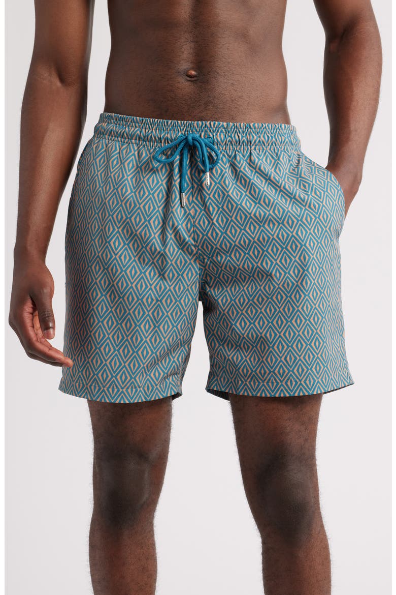 Retro Geometric Print Swim Trunks, Main, color, BLUE