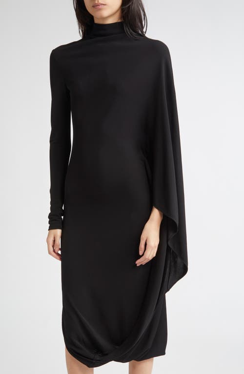 Stella Mccartney Black Asymmetric Midi Dress With High Neck And One Cape Sleeve In Black