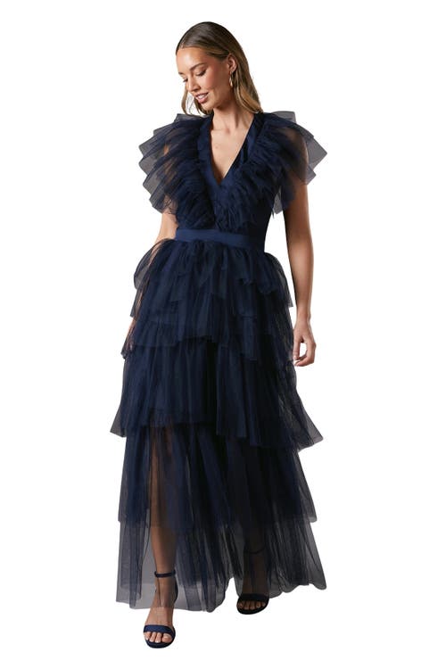 Coast Mesh V-neck Halter Tiered Maxi Dress In Blue