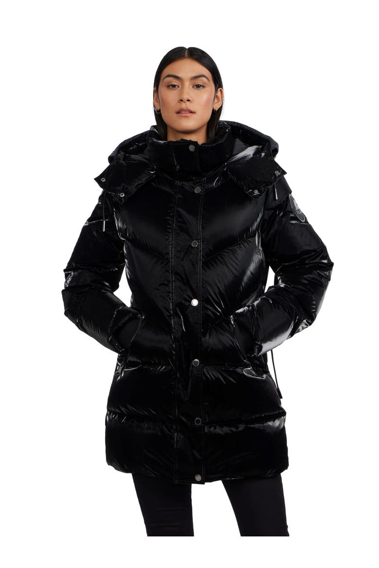 Women's Estelle Mixed Chevron Quilted Puffer with Detachable Hood, Main, color, Black