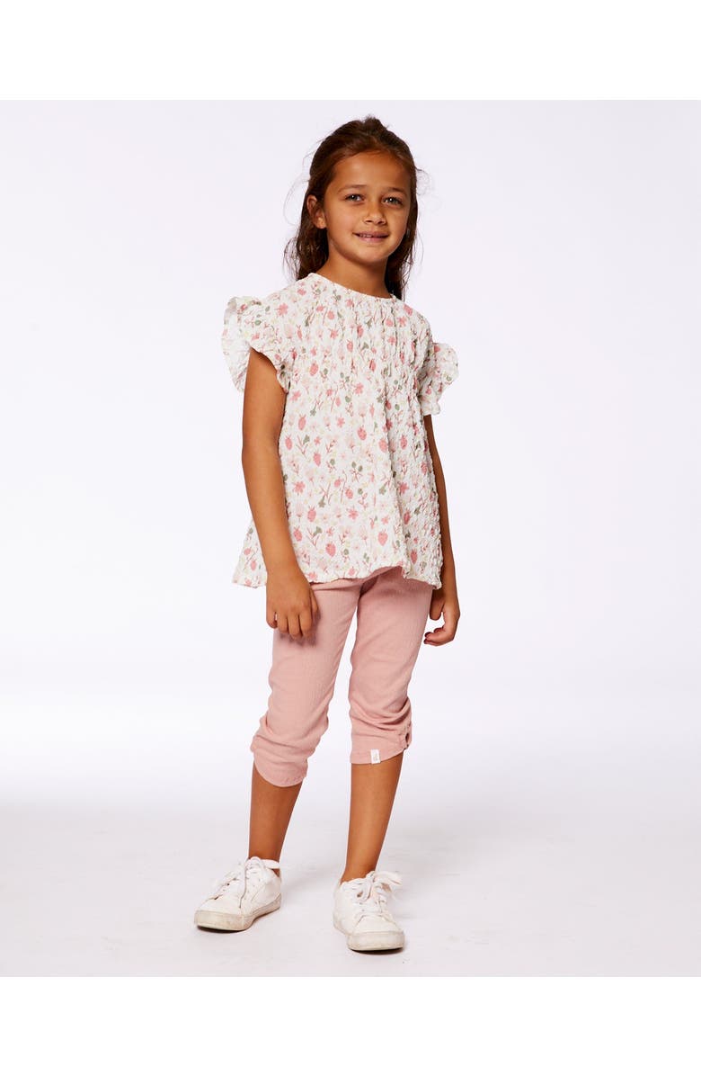 Deux par Deux Girl's Printed Seersucker Blouse With Frills Pink Flowers On Cream Background, Alternate, color, Pink Flowers On Cream