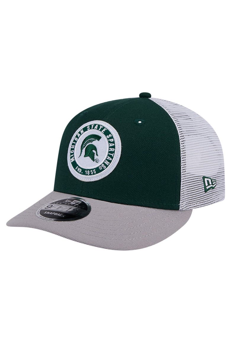 Men's New Era Green Michigan State Spartans Throwback Circle Patch 9FIFTY Trucker Snapback Hat, Main, color, Green