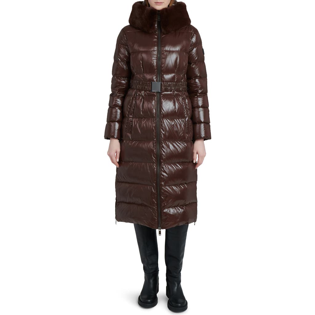 The Recycled Planet Company Lexi Water Resistant Hooded Nylon Down Puffer Coat with Faux Fur Trim in Dark Coffee  product