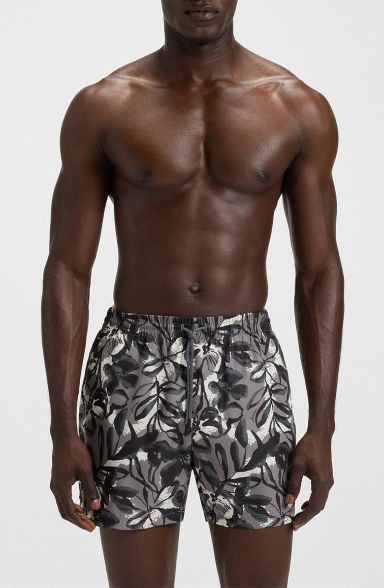 BOSS Pirhana Abstract Floral Swim Trunks, Main, color, Open Grey