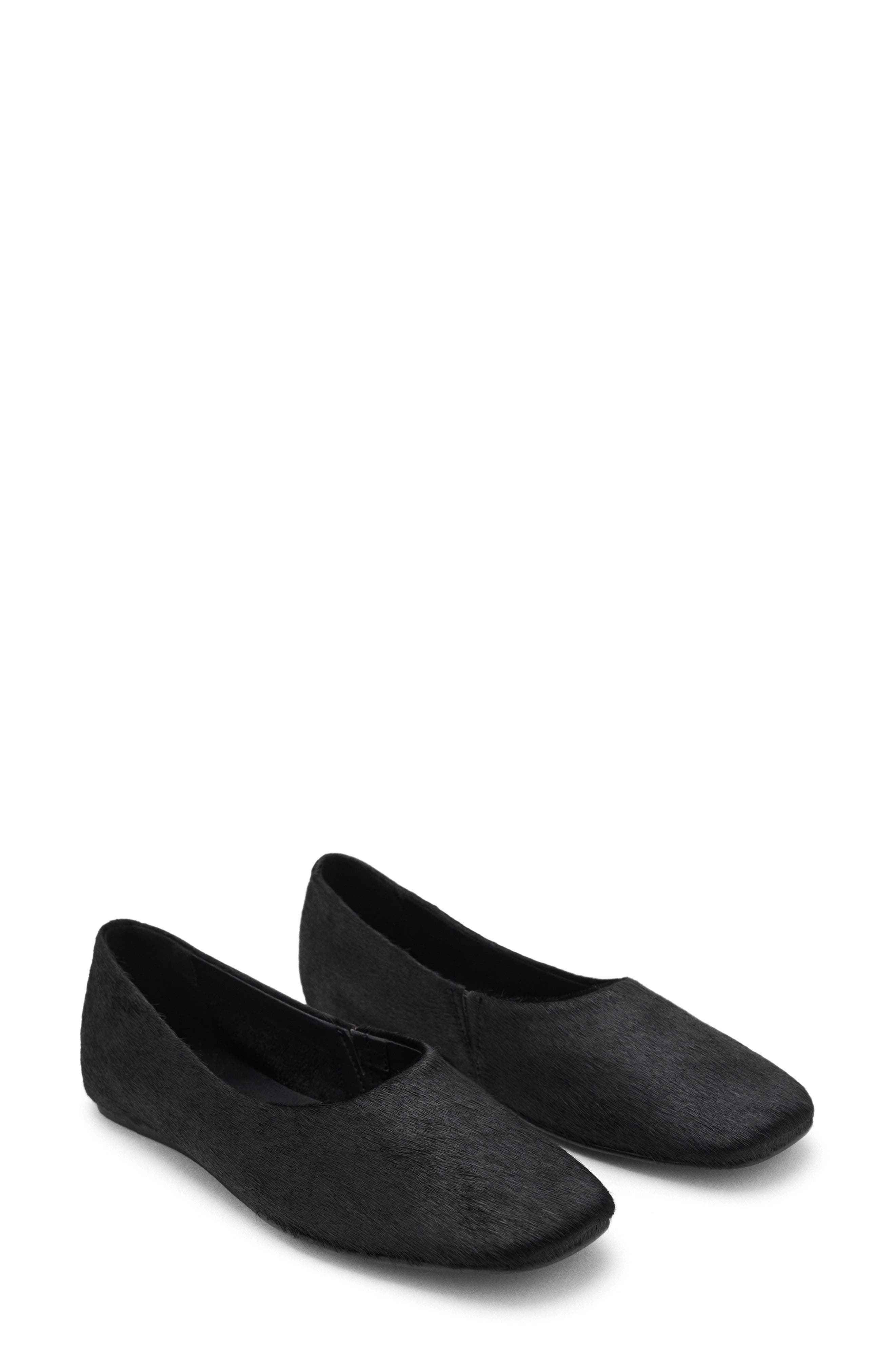 MANGO Genuine Calf Hair Square Toe Flat, Main, color, Black