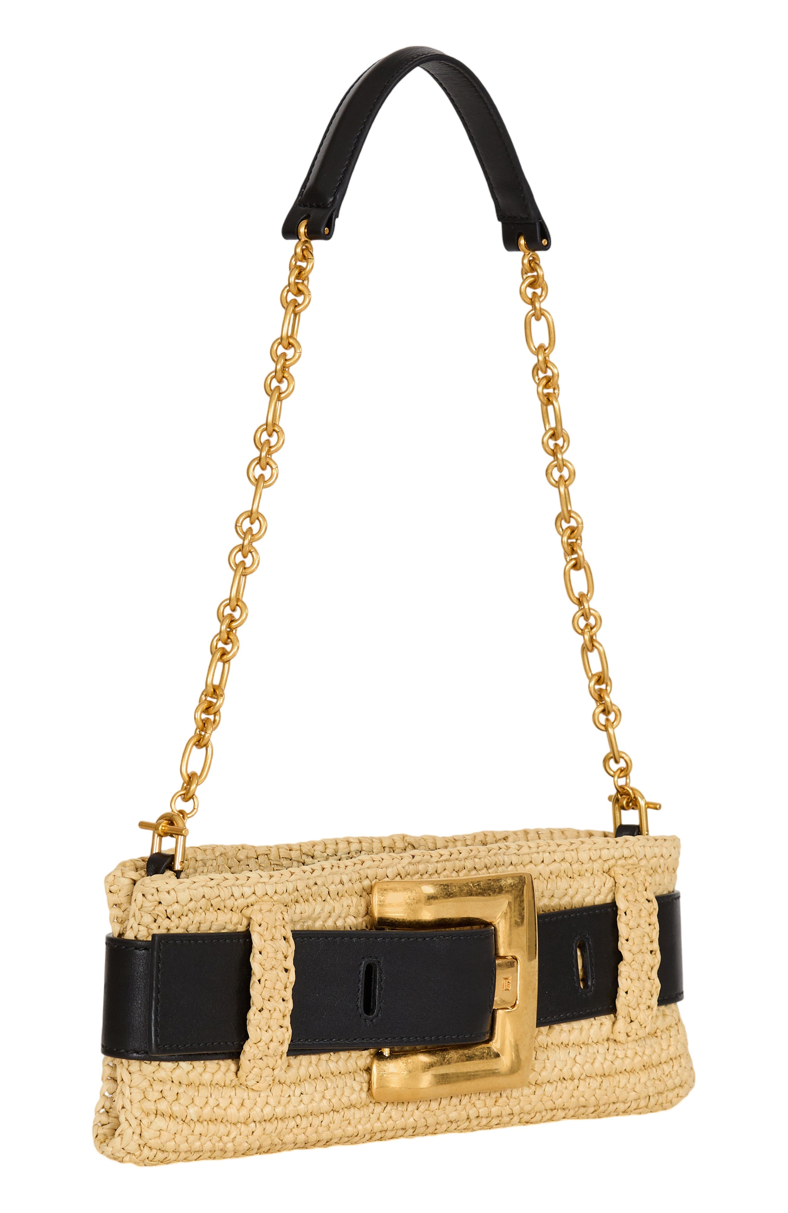Balmain Anthem clutch bag in smooth leather and crochet, Alternate, color, Beige