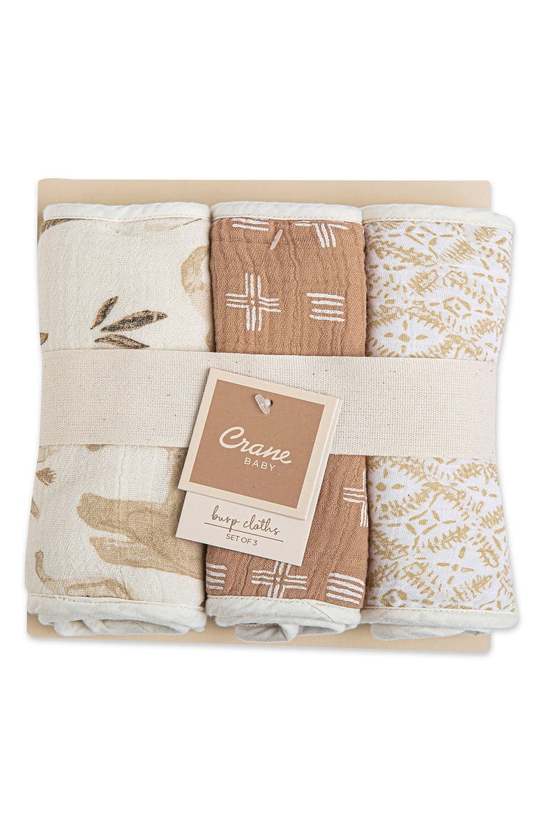 CRANE BABY 3-Pack Cotton Baby Burp Cloth Set, Alternate, color, Tan/ Multi