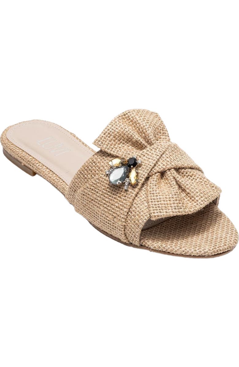 Prologue Shoes Daphne Raffia Bow Slide Sandal, Alternate, color, Beige Faux Leather