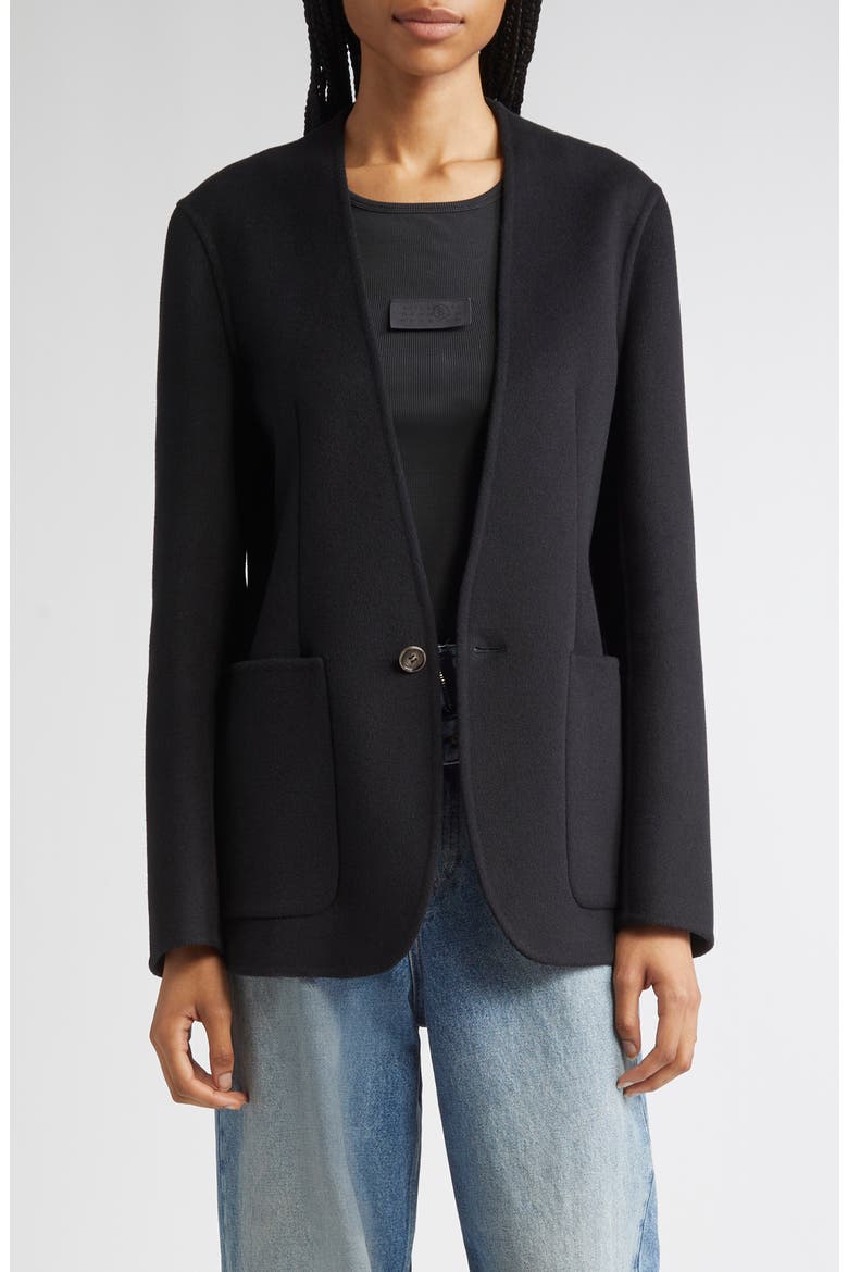 Collarless Single Breasted Virgin Wool Blazer, Main, color, BLACK