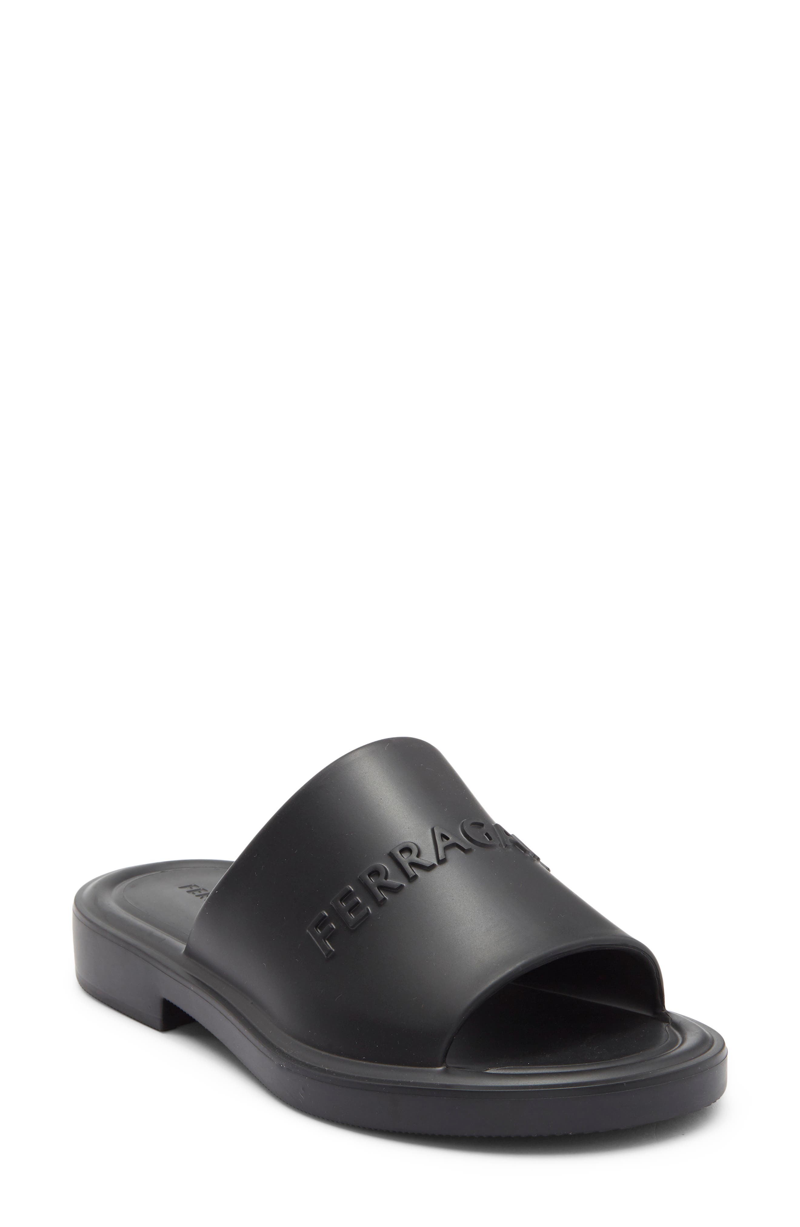 FERRAGAMO Giuneva Logo Embossed Slide Sandal, Main, color, Black