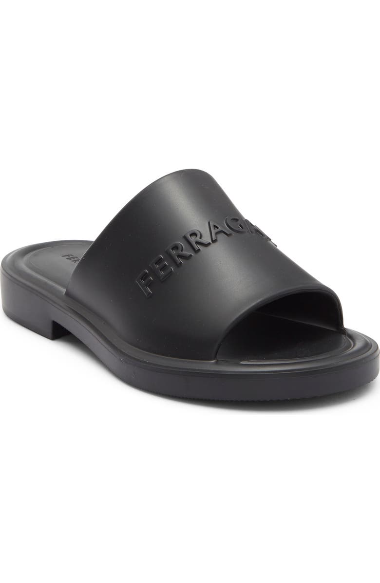 FERRAGAMO Giuneva Logo Embossed Slide Sandal, Main, color, Black