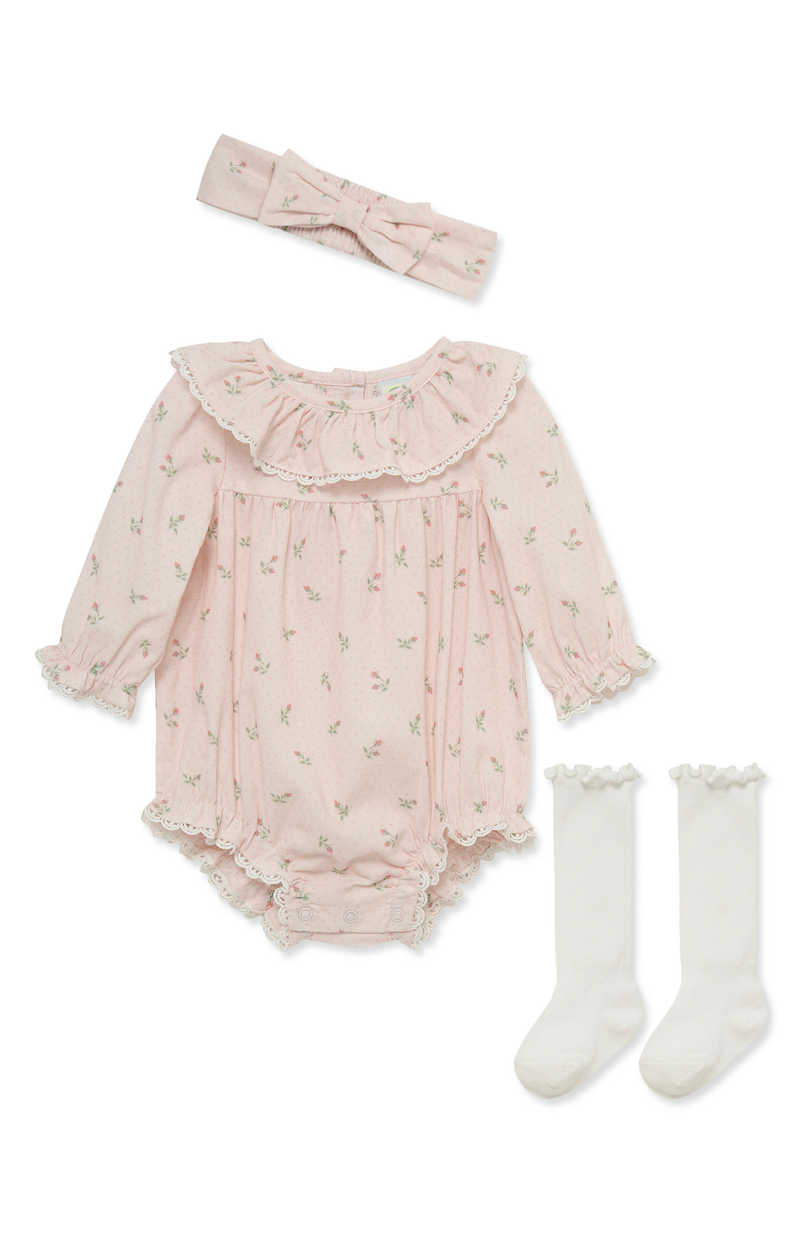 Kids' Rosebud Bubble Romper, Headband & Socks Set