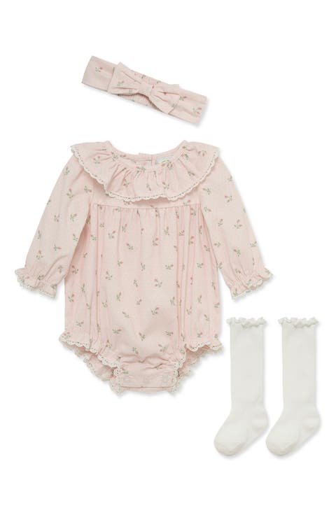 Kids' Rosebud Bubble Romper, Headband & Socks Set