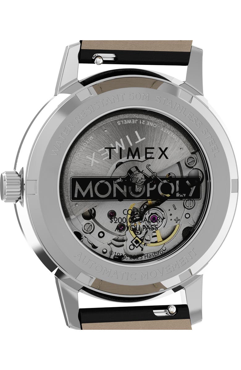 Timex<sup>®</sup> x Monopoly Marlin<sup>®</sup> Automatic Leather Strap Watch, 38mm, Alternate, color, Silver-Tone