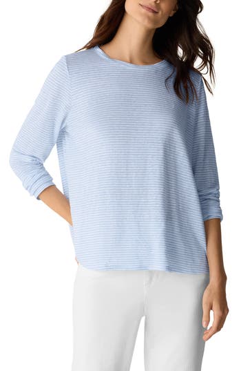 Eileen Fisher Stripe Organic Linen Long Sleeve T-shirt In Skylt