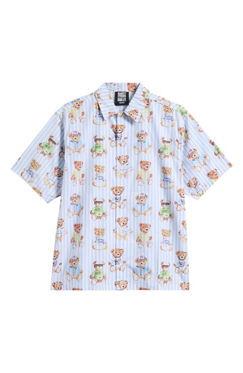Stripe Teddy Graphic Button-Up Shirt