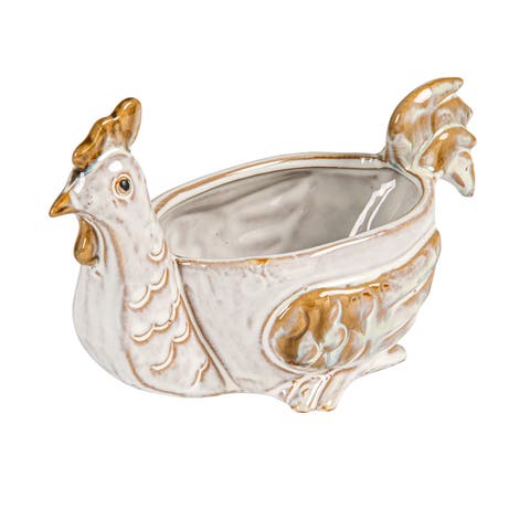 Stoneware Chicken Shaped Sponge Holder/Soap Dish with Reactive Glaze, White