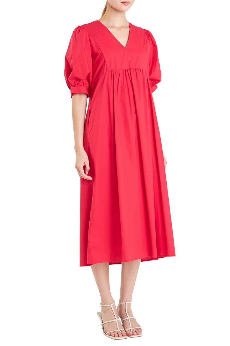 Puff Sleeve Bow Tie Midi Dress, Alternate, color, RED