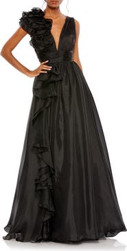 Mac Duggal Ruffle Shoulder V-Neck Chiffon Gown