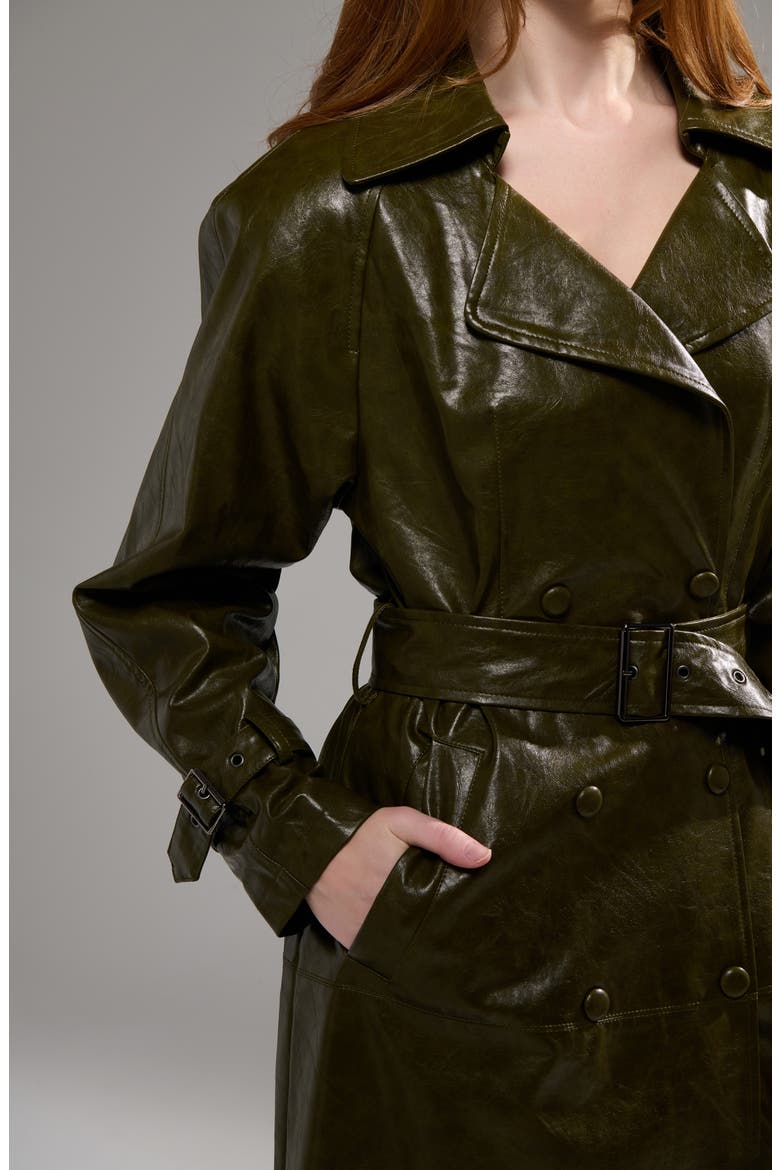 Coren Faux Leather Trench Coat, Alternate, color, OLIVE