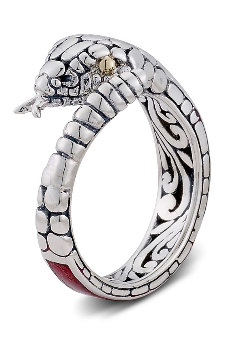 SAMUEL B. Sterling Silver & 18K Yellow Gold Coral Detail Bypass Snake Ring, Main, color, Red