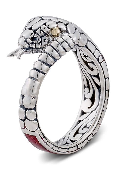 Sterling Silver & 18K Yellow Gold Coral Detail Bypass Snake Ring