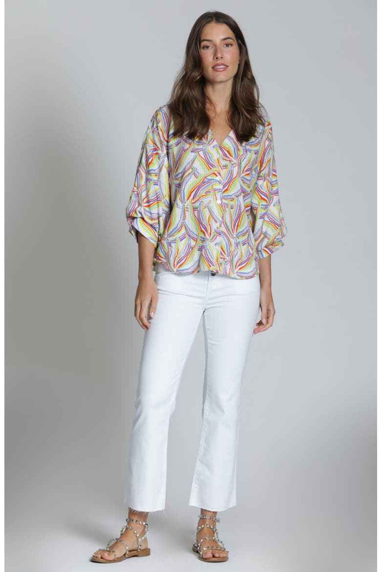 Blouson Sleeve Cotton Blend Button-Up Shirt, Alternate, color, BLUE MULTI