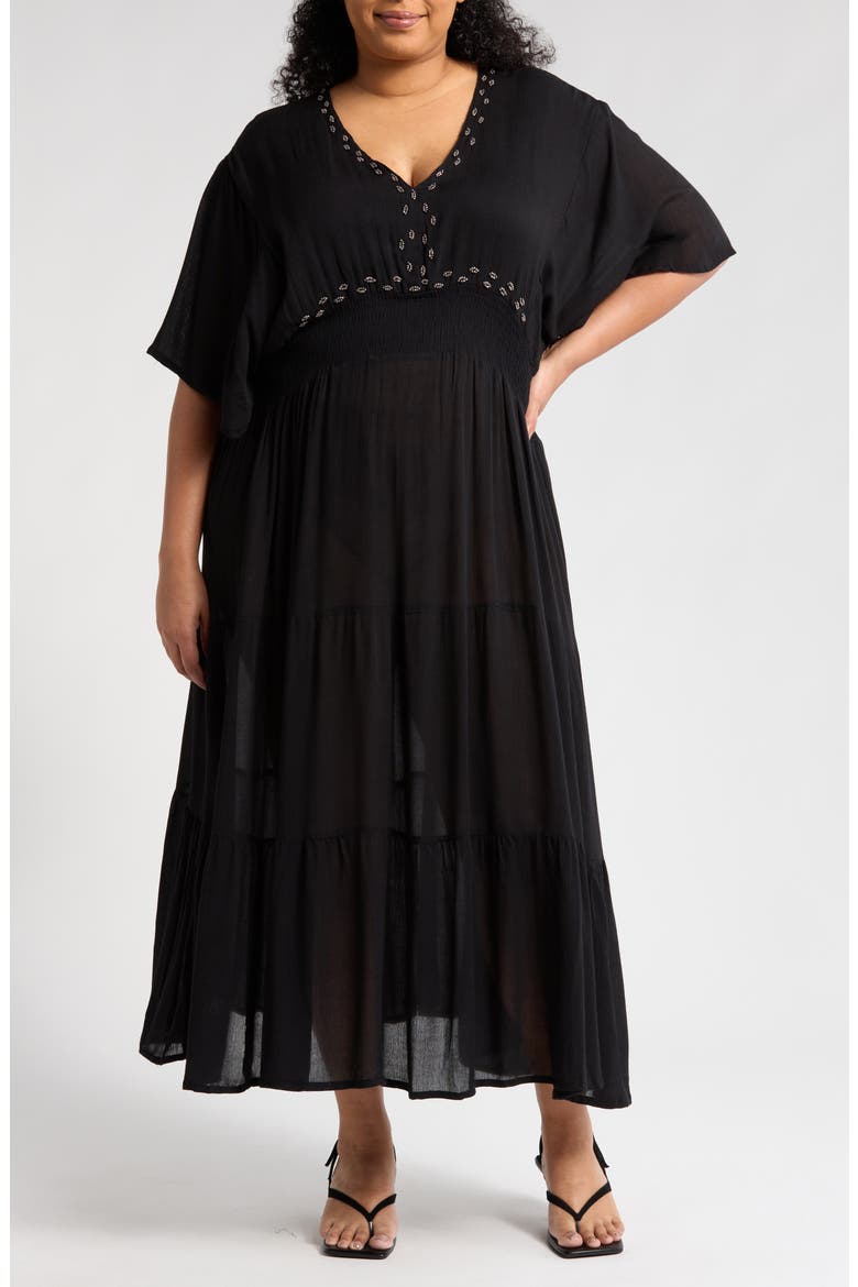Beaded Flutter Sleeve Maxi Dress, Main, color, BLACK