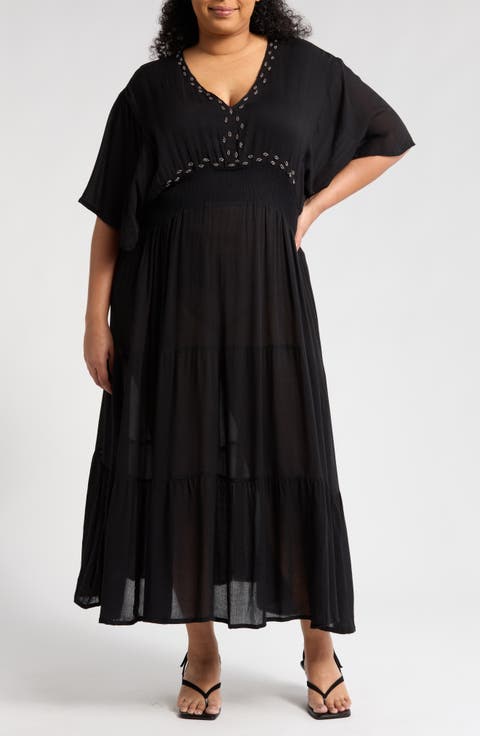 Beaded Flutter Sleeve Maxi Dress (Plus)