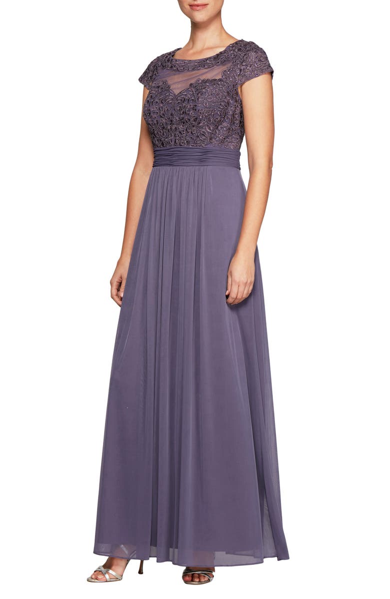 Alex Evenings Embroidered A-Line Gown, Main, color, Wisteria
