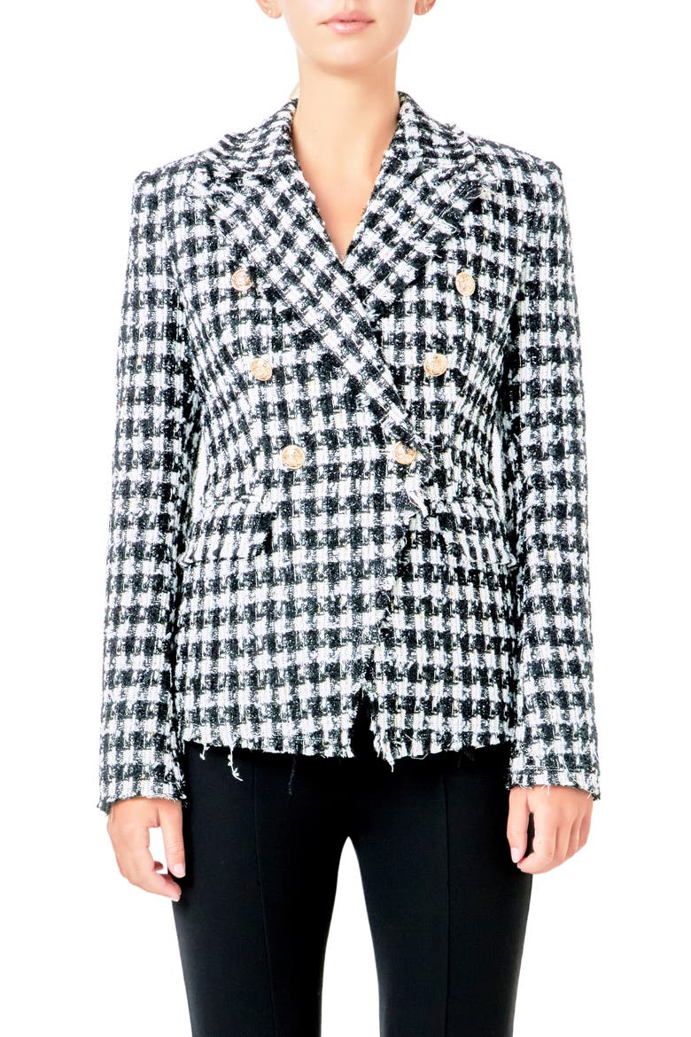 Check Tweed Double Breasted Blazer, Main, color, BLACK/ WHITE