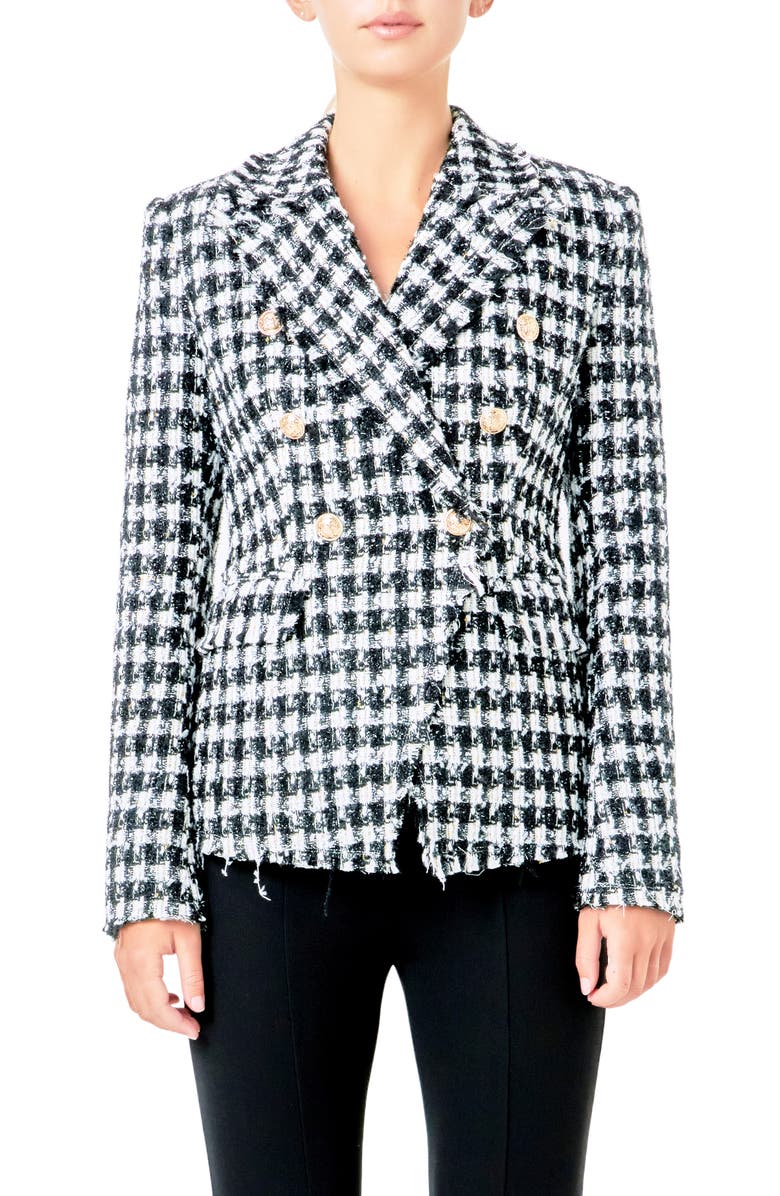 Endless Rose Check Tweed Double Breasted Blazer, Main, color, Black/ White