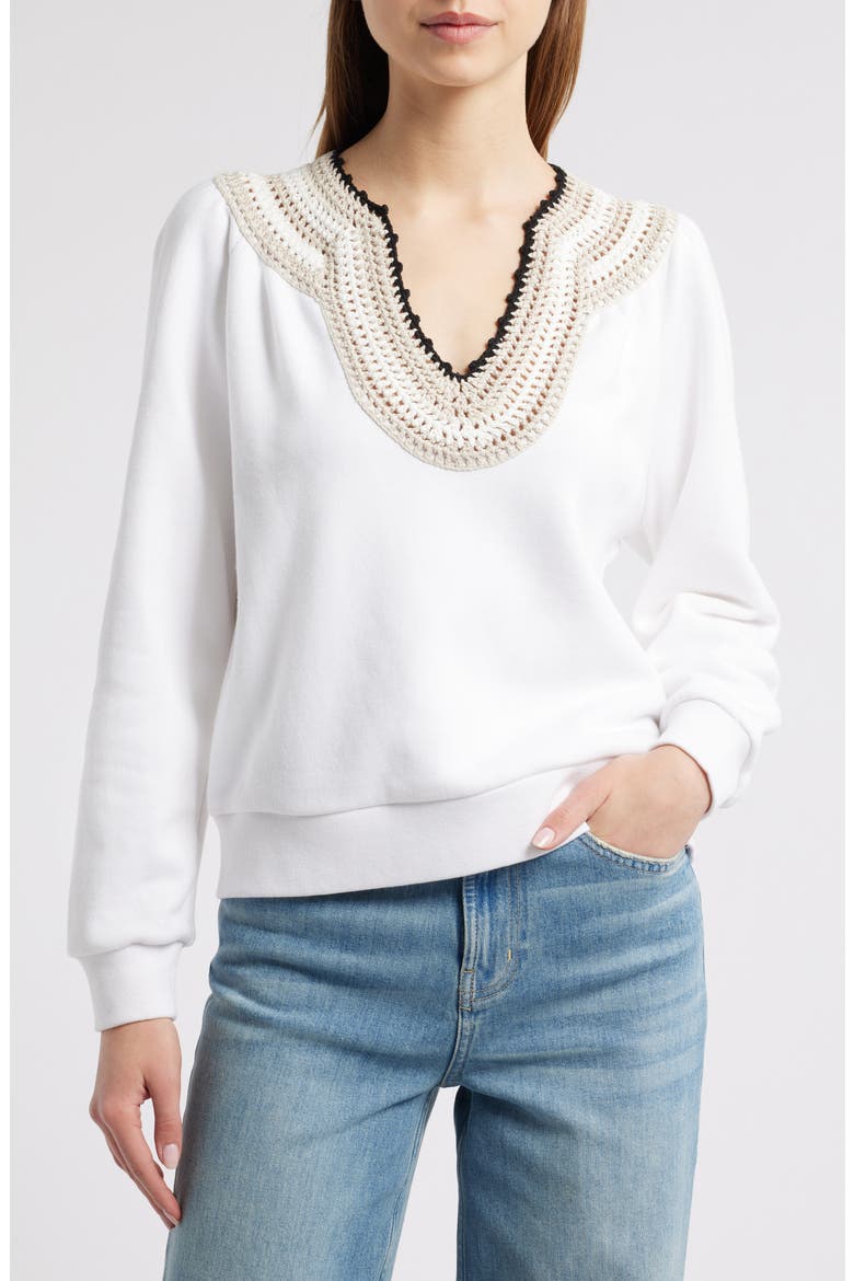 Sava Crochet Stitch Cotton Sweatshirt, Main, color, WHITE WITH CROCHET