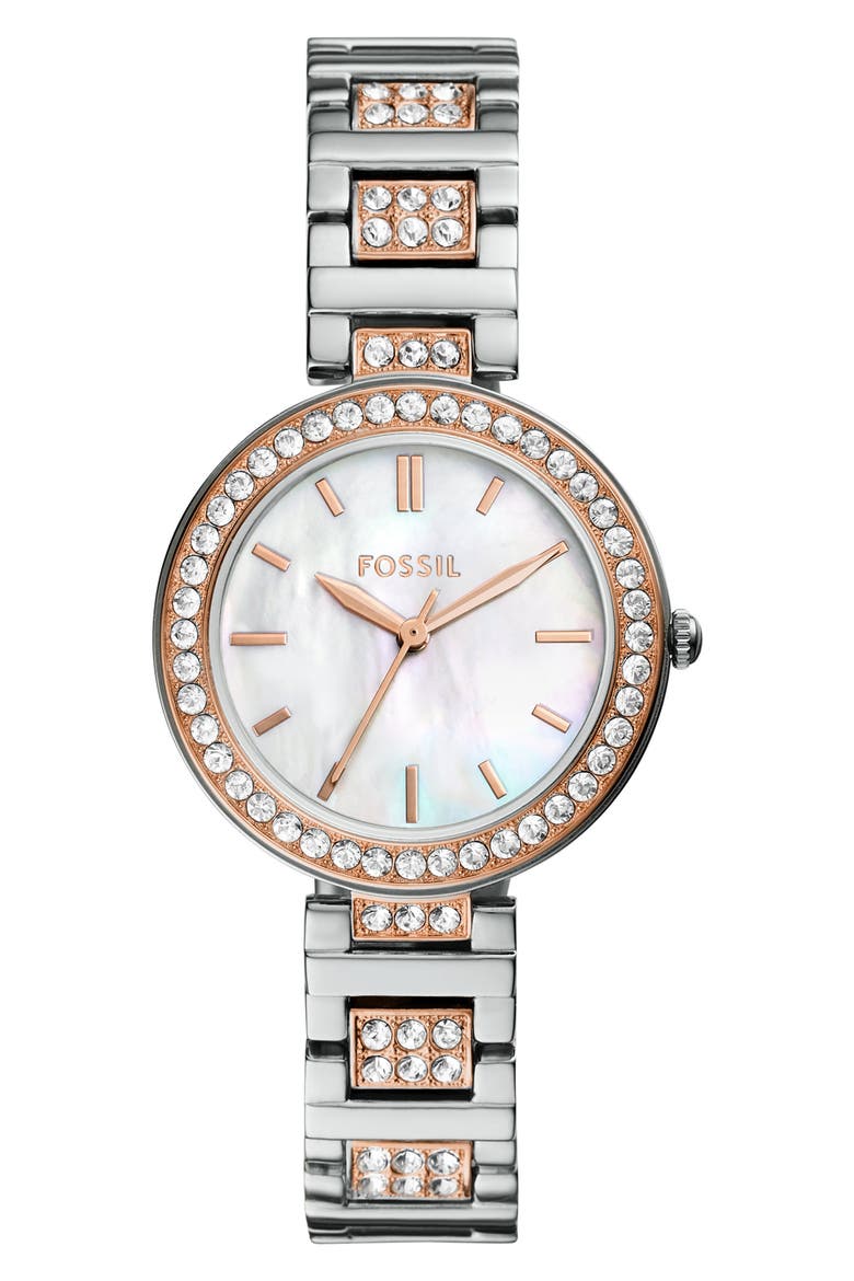 Karli Three-Hand Quartz Crystal Bracelet Watch, 32mm, Main, color, SILVER