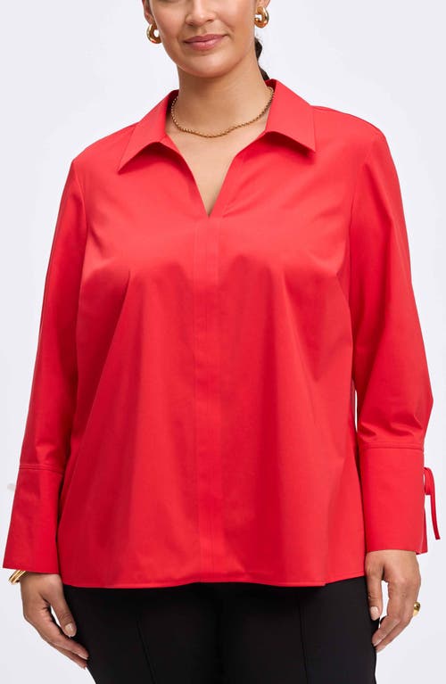Foxcroft Carla Tie Cuff Cotton Blend Popover Top In Simply Red