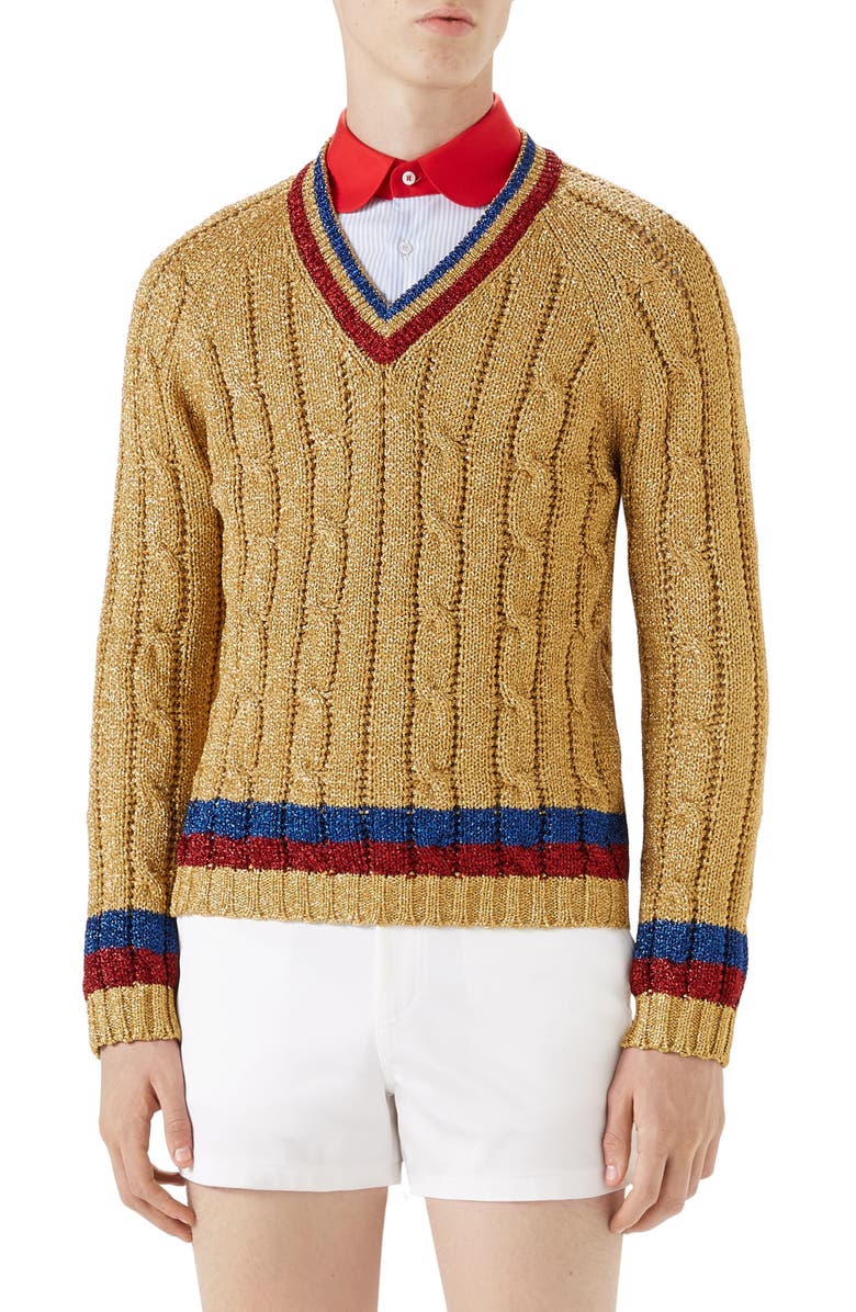 Gucci Cable Knit V-Neck Sweater, Main, color, 