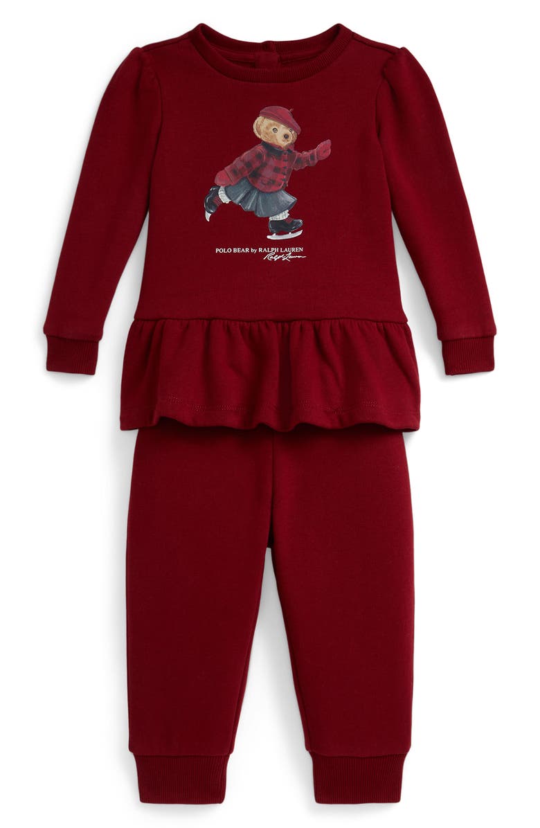 Ralph Lauren Skater Peplum Graphic Sweatshirt & Joggers Set, Main, color, Red