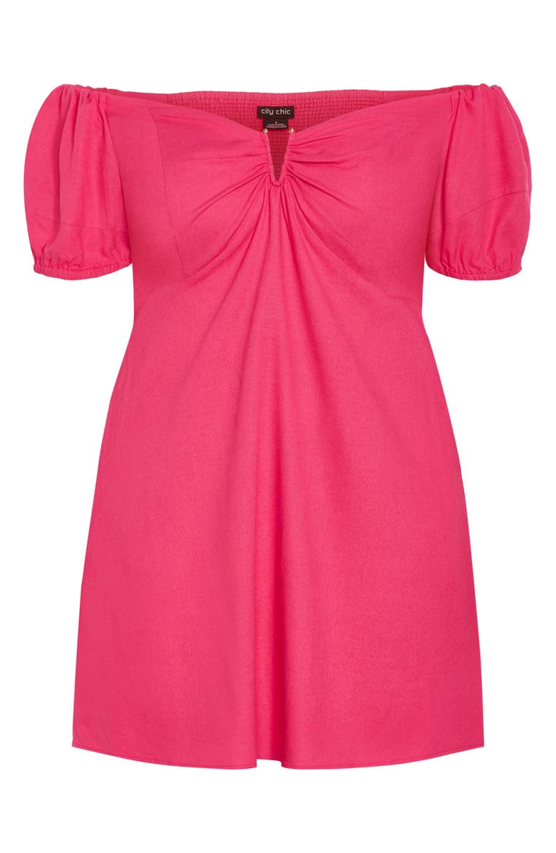 City Chic Macey Off the Shoulder Puff Sleeve Stretch Cotton Minidress, Alternate, color, Magenta
