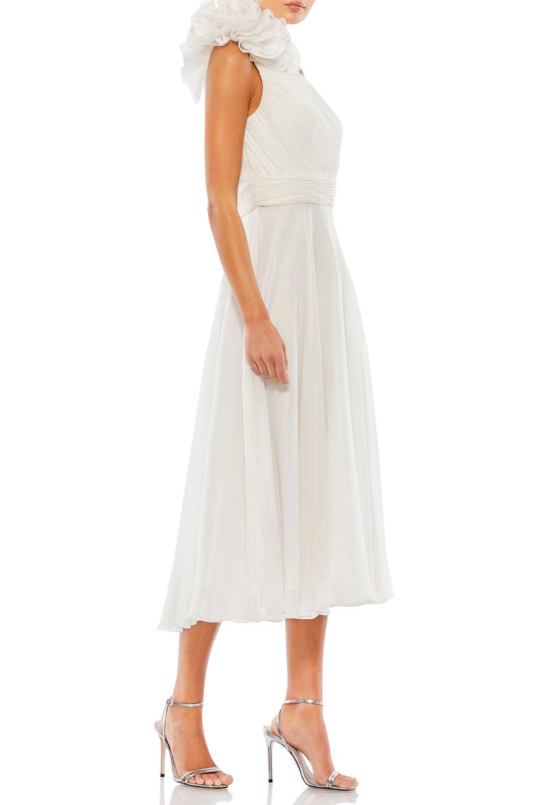 Rosette One Shoulder Tea Length Dress, Alternate, color, WHITE