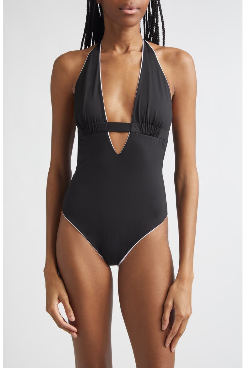 Reversible Plunge Neck One-Piece Swimsuit, Main, color, BLACK