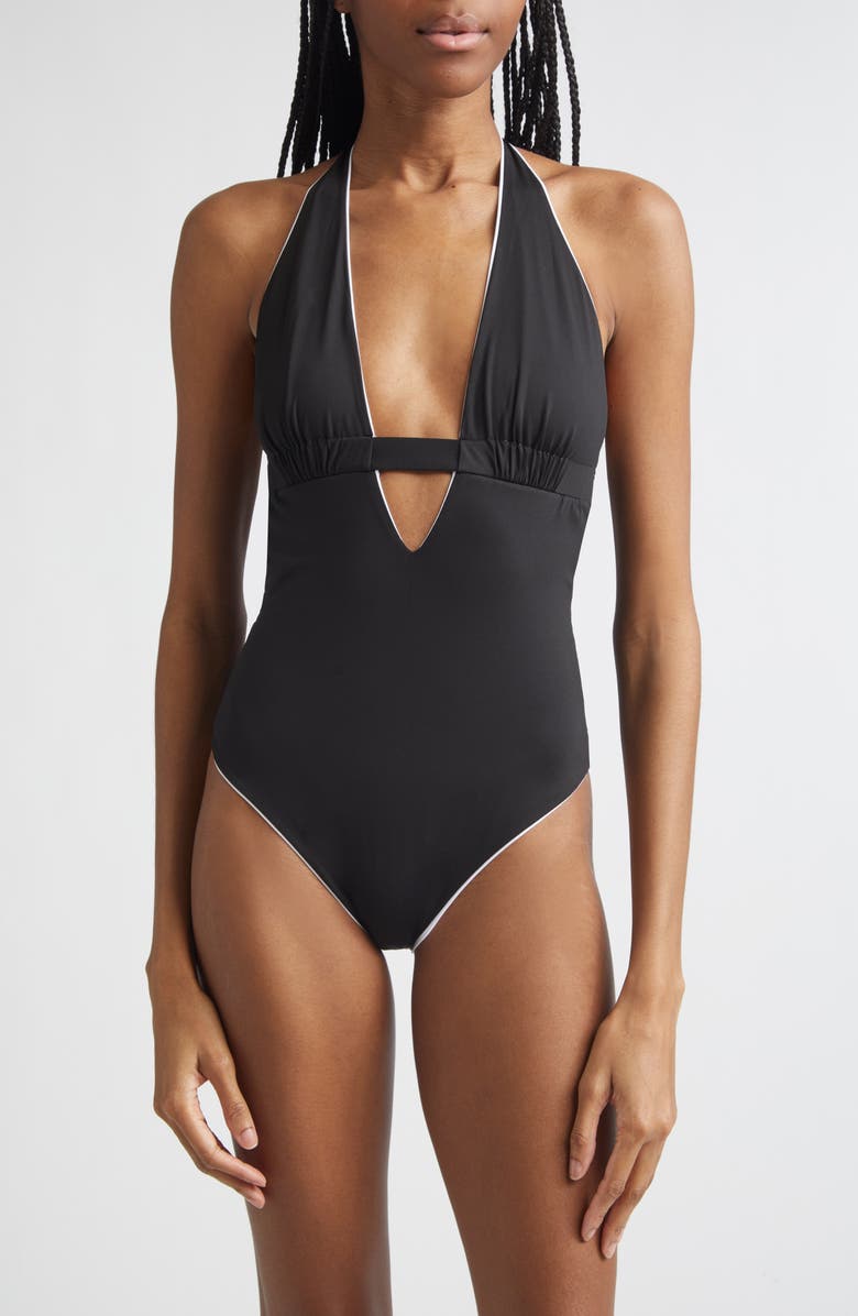 Max Mara Reversible Plunge Neck One-Piece Swimsuit, Main, color, Black