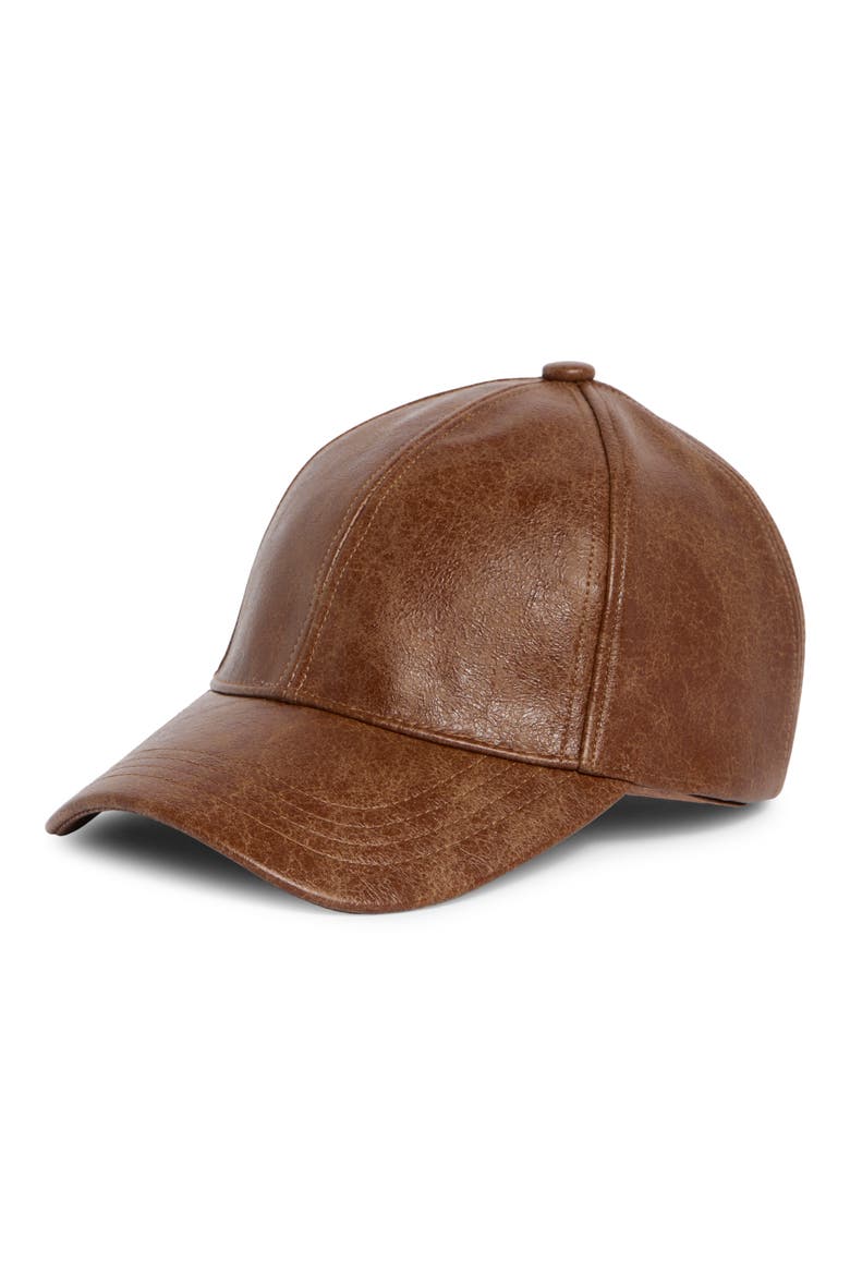 H-Anna Distressed Faux Leather Baseball Cap, Main, color, TOBACCO