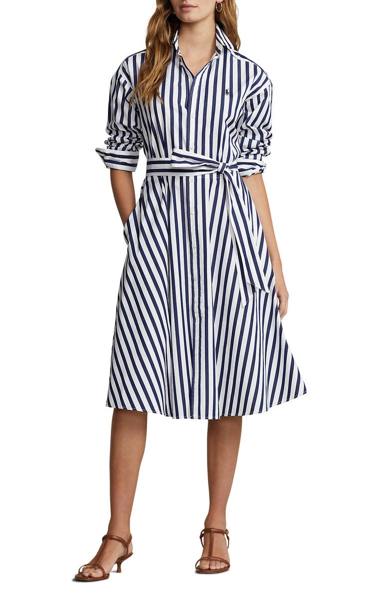 Polo Ralph Lauren Stripe Long Sleeve Cotton Shirtdress, Main, color, 970A Navy/White