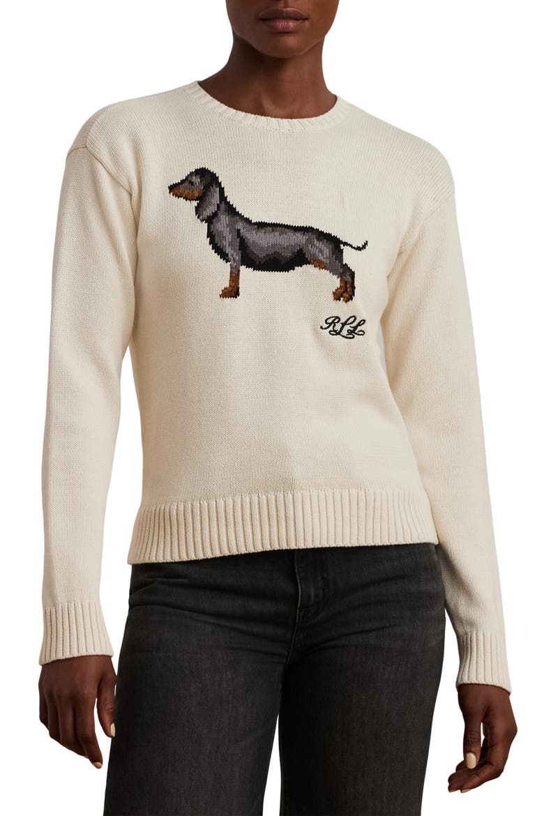 Intarsia Dachshund Cotton Sweater, Main, color, MASCARPONE CREAM