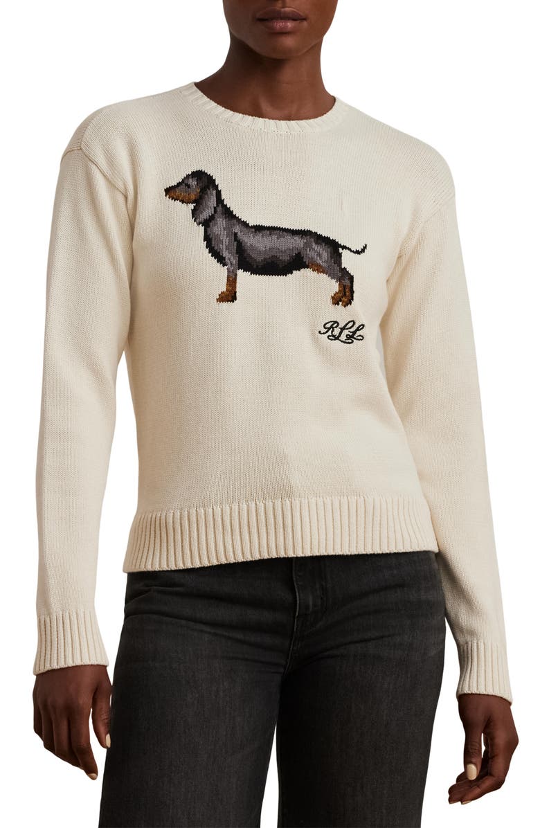 Lauren Ralph Lauren Intarsia Dachshund Cotton Sweater, Main, color,