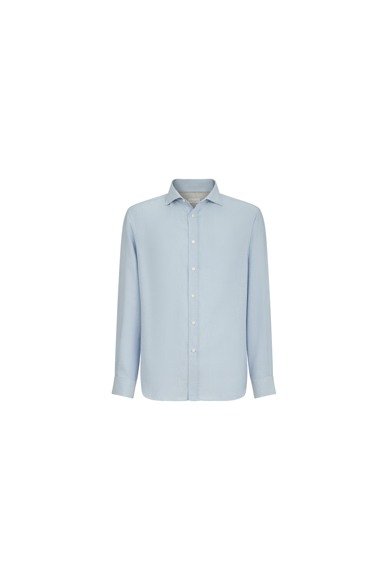 Cotton and cashmere denim-effect diagonal shirt with spread collar, Alternate, color, Sky Blue