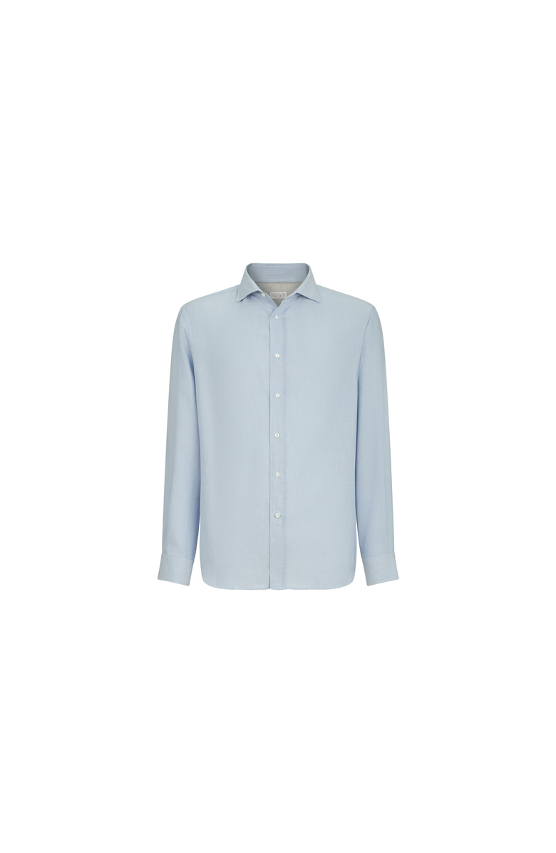 Brunello Cucinelli Cotton and cashmere denim-effect diagonal shirt with spread collar, Alternate, color, Sky Blue